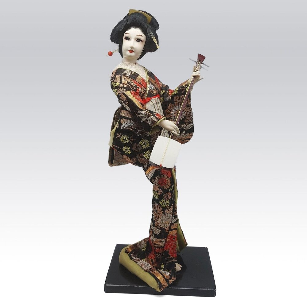 Japanese Geisha Doll With Shamisen On Base - 17" Figurine Traditional Kimono